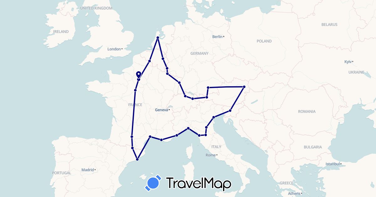 TravelMap itinerary: driving in Andorra, Austria, Belgium, Switzerland, Germany, Spain, France, Italy, Liechtenstein, Luxembourg, Monaco, Netherlands, Slovenia (Europe)